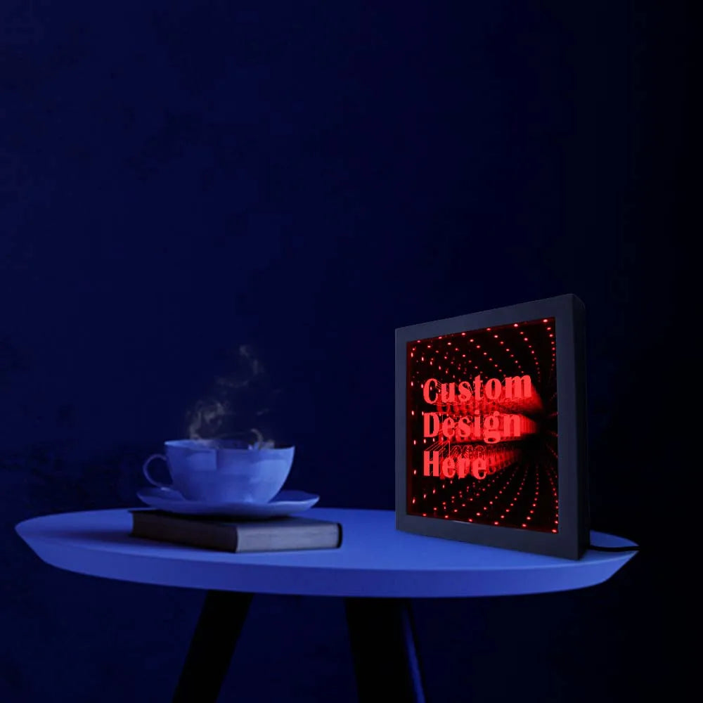 Custom Image Logo Text LED Infinity Mirror Wood Frame Personalised LED Picture Frame Cool Infinite Led Tunnel Lamp Neon Sign