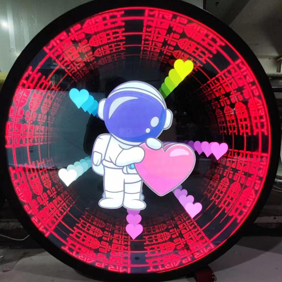 Astronaut holding a heart, astronaut floating, circular layered abyss mirror