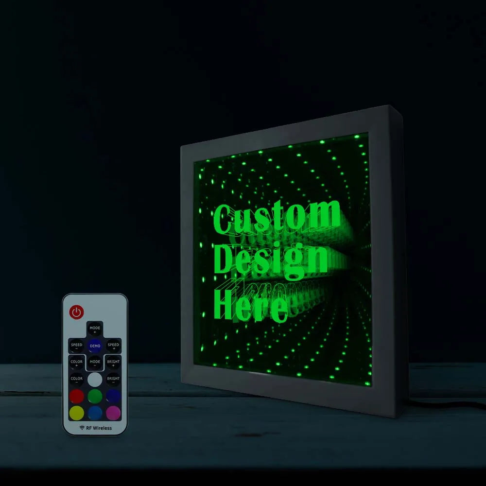 Custom Image Logo Text LED Infinity Mirror Wood Frame Personalised LED Picture Frame Cool Infinite Led Tunnel Lamp Neon Sign