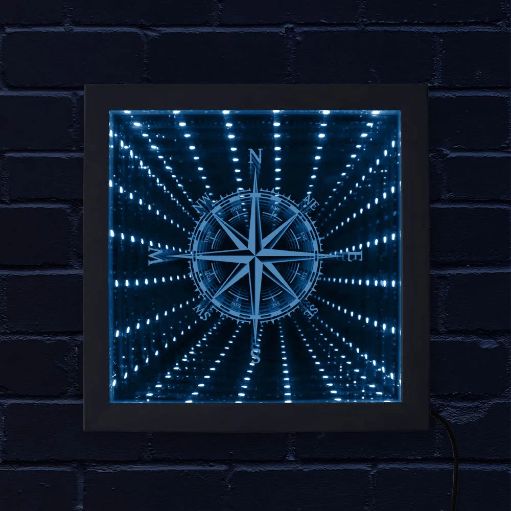 Nautical Compass Direction Infinity Mirror Frame Wind Rose Tunnel Light LED Mirror Infinite Reflections Marina Sea Sailor Gift