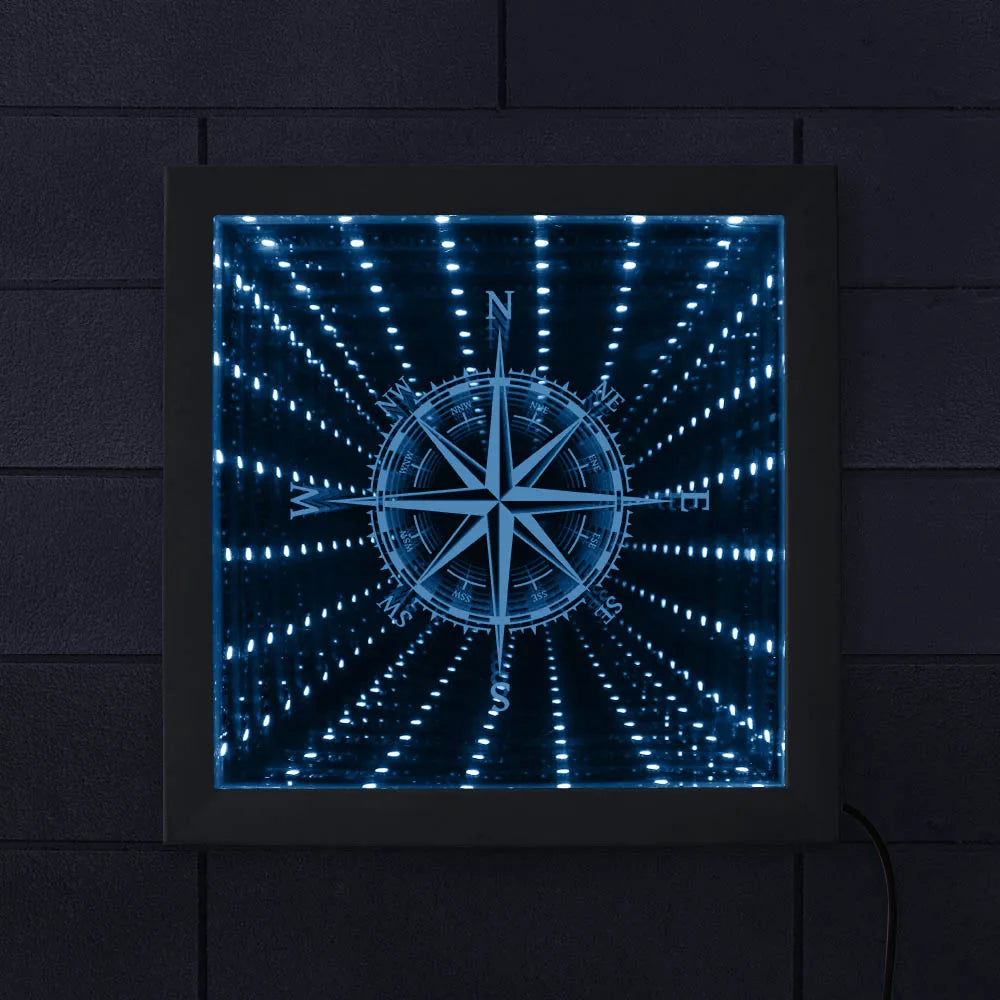 Nautical Compass Direction Infinity Mirror Frame Wind Rose Tunnel Light LED Mirror Infinite Reflections Marina Sea Sailor Gift