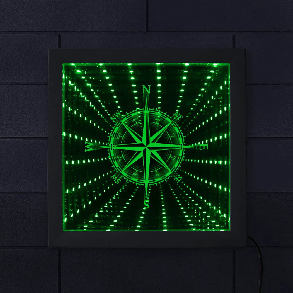 Nautical Compass Direction Infinity Mirror Frame Wind Rose Tunnel Light LED Mirror Infinite Reflections Marina Sea Sailor Gift