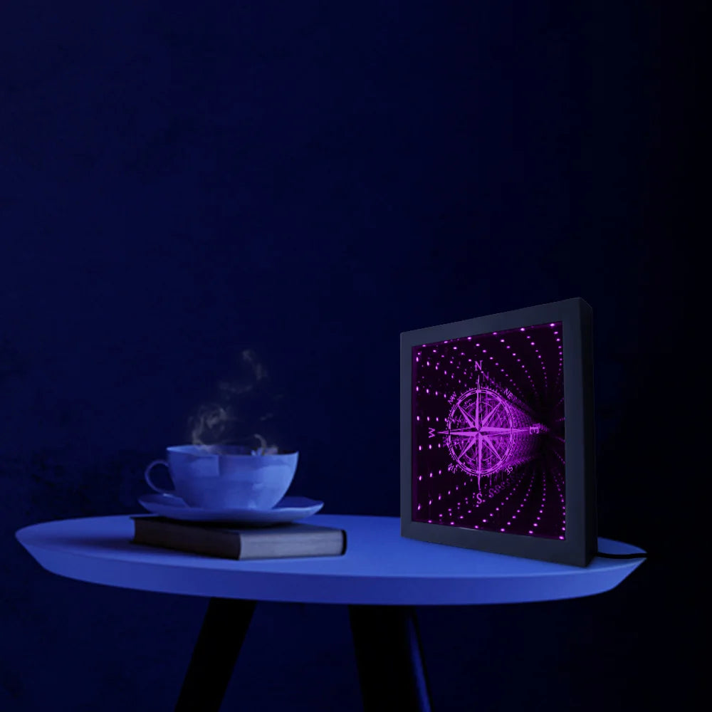 Nautical Compass Direction Infinity Mirror Frame Wind Rose Tunnel Light LED Mirror Infinite Reflections Marina Sea Sailor Gift