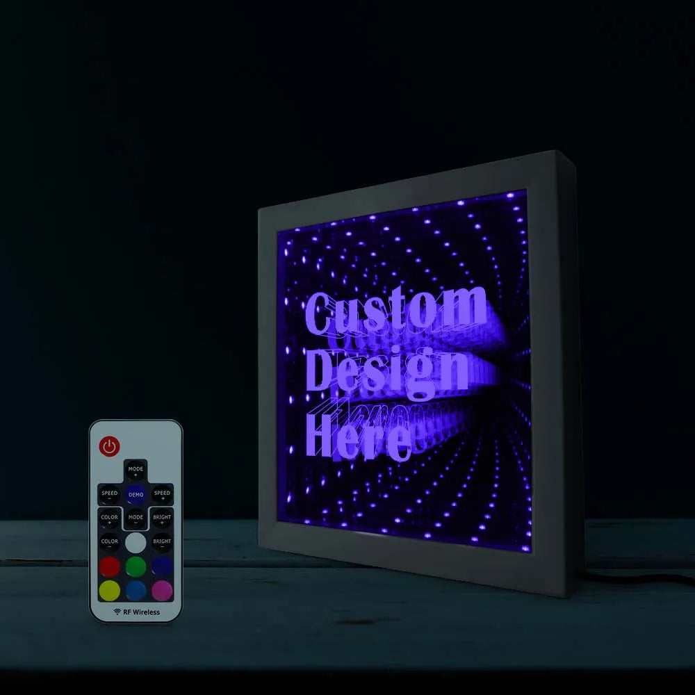Custom Image Logo Text LED Infinity Mirror Wood Frame Personalised LED Picture Frame Cool Infinite Led Tunnel Lamp Neon Sign