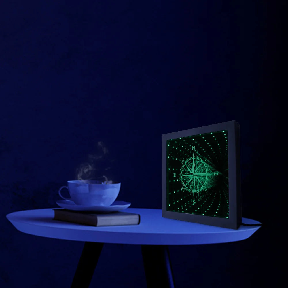 Nautical Compass Direction Infinity Mirror Frame Wind Rose Tunnel Light LED Mirror Infinite Reflections Marina Sea Sailor Gift