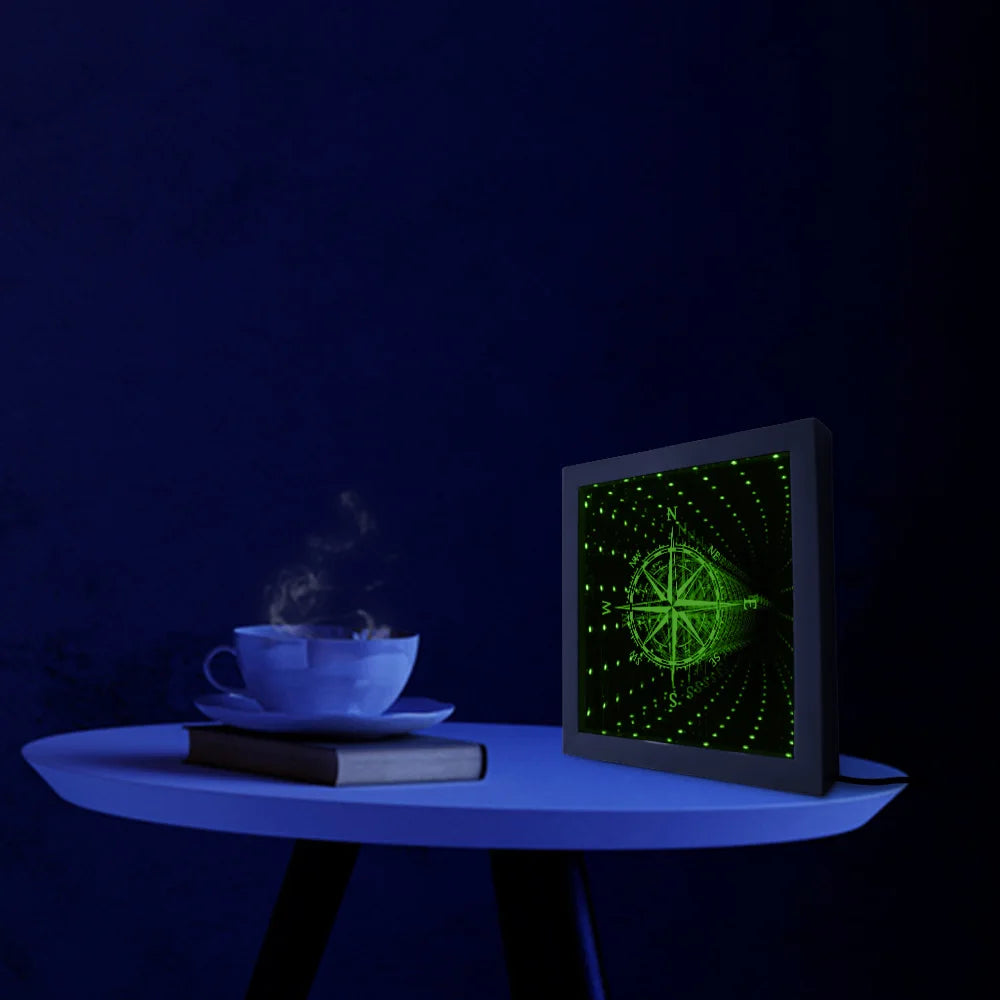 Nautical Compass Direction Infinity Mirror Frame Wind Rose Tunnel Light LED Mirror Infinite Reflections Marina Sea Sailor Gift