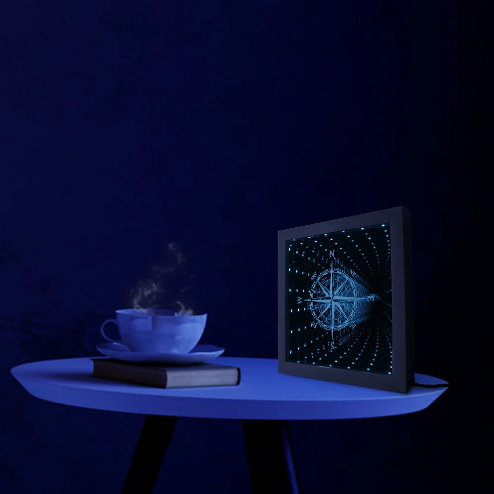 Nautical Compass Direction Infinity Mirror Frame Wind Rose Tunnel Light LED Mirror Infinite Reflections Marina Sea Sailor Gift