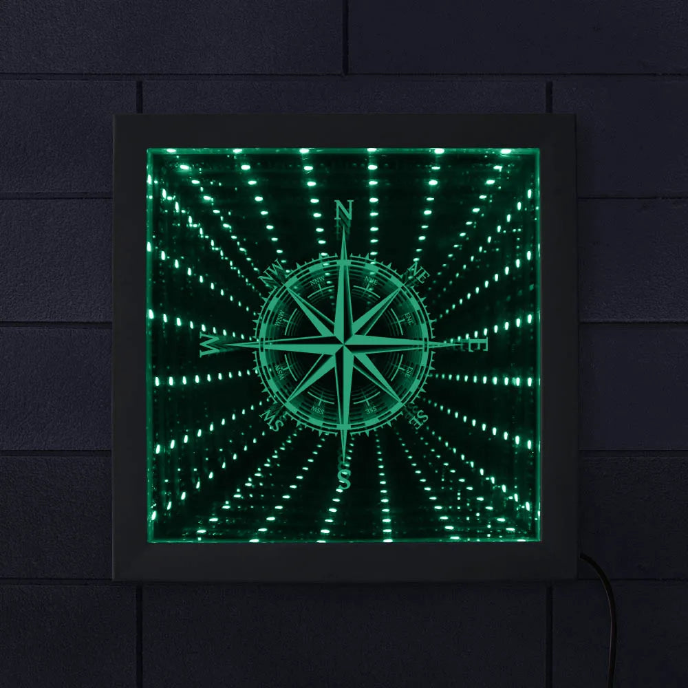Nautical Compass Direction Infinity Mirror Frame Wind Rose Tunnel Light LED Mirror Infinite Reflections Marina Sea Sailor Gift