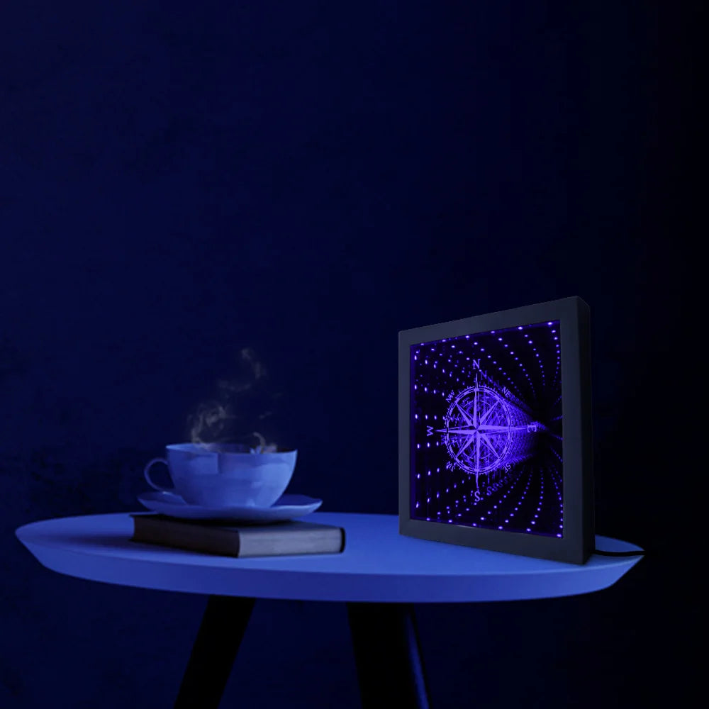 Nautical Compass Direction Infinity Mirror Frame Wind Rose Tunnel Light LED Mirror Infinite Reflections Marina Sea Sailor Gift