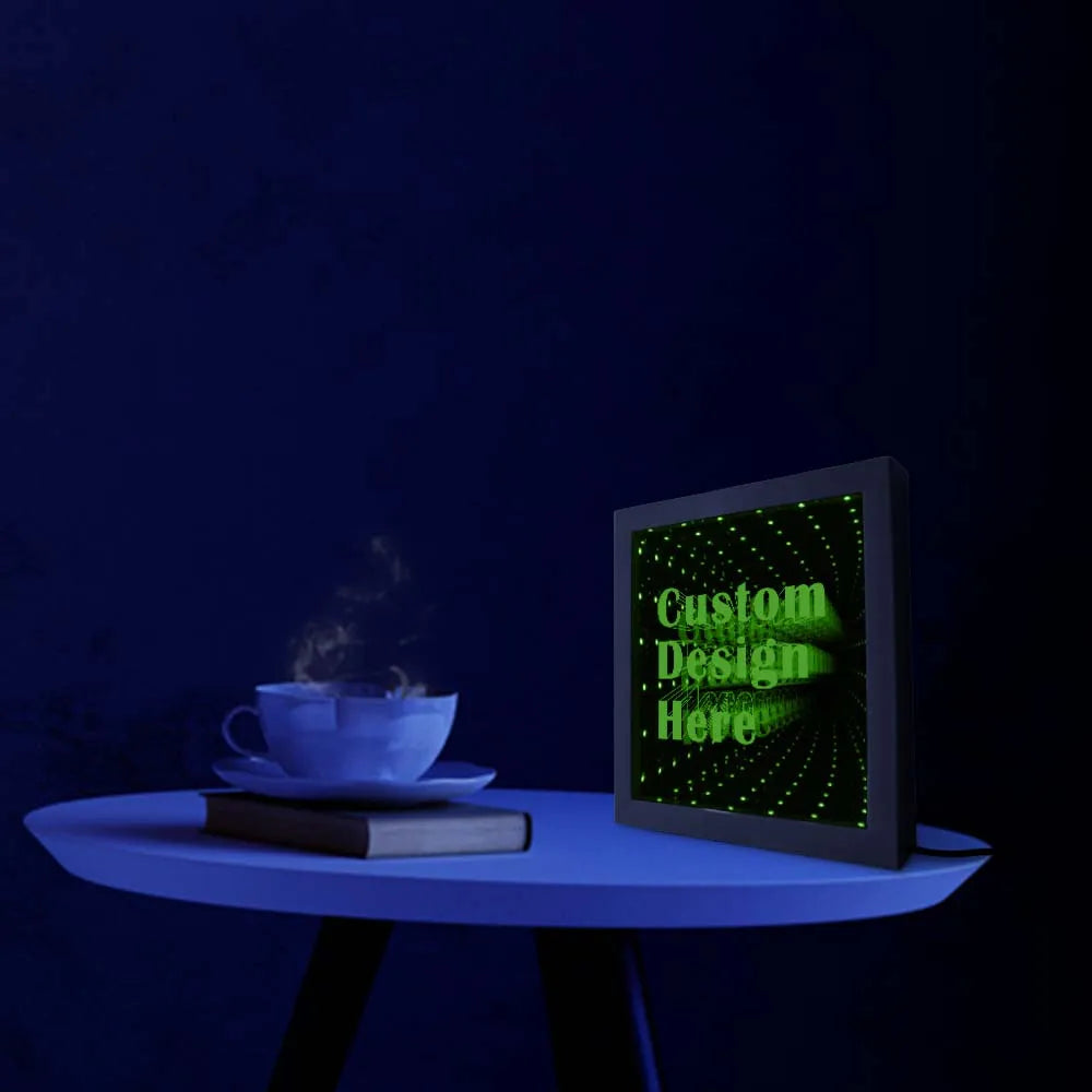 Custom Image Logo Text LED Infinity Mirror Wood Frame Personalised LED Picture Frame Cool Infinite Led Tunnel Lamp Neon Sign